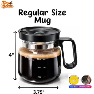 Tiny BREW 16 Oz Glass Coffee Mug in Coffee Pot Shape 4" Tall - Compact Carafe Design with Sip Lid I Fun Gift for Coffee Lovers | Cute, Compact Novelty Mug Small Size Cute Coffee Pot Shaped Coffee MugSize 4" Tall x 3.75"Wide