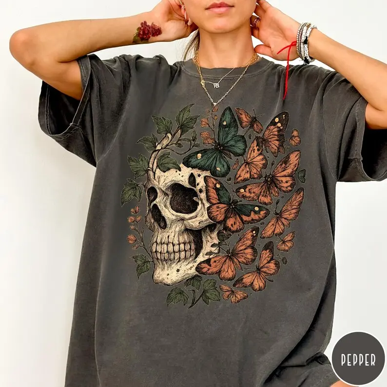 Comfort Colors  Skull & Butterflies TShirt, Vintage Distressed Skull T-Shirt, Oversized Retro Grunge Tee, Trendy Grunge Indie Boho Graphic Tee