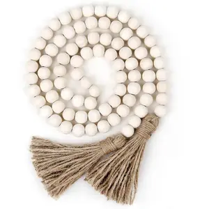 58in Wood Bead Garland with Tassels, Natural Farmhouse Rustic Country Decor and Boho Wall Hanging Decoration for Tiered Tray, Coffee Table, Mantle, Bookshelf, Entryway, Living Room, Bedroom and Prayer Room Decor