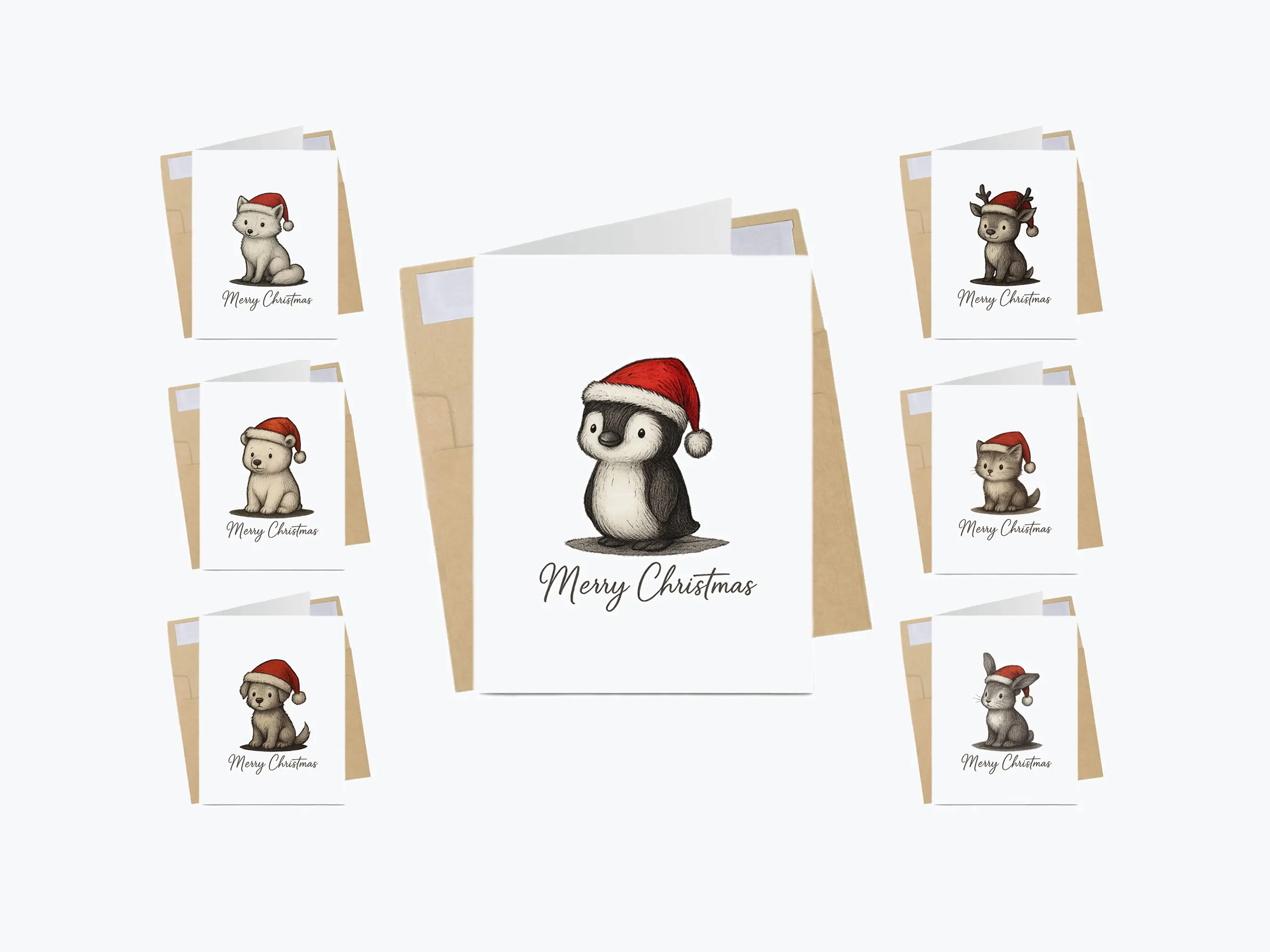 Animal Christmas Card Set of 7 Penguin, Fox, Bear, Reindeer, Dog, Cat, Bunny Illustrated Holiday Greeting Card Pack