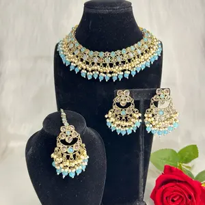 Beautiful Gold Tone Beaded Necklace With Cute Earrings And Tikka Set Featuring Elegant Design