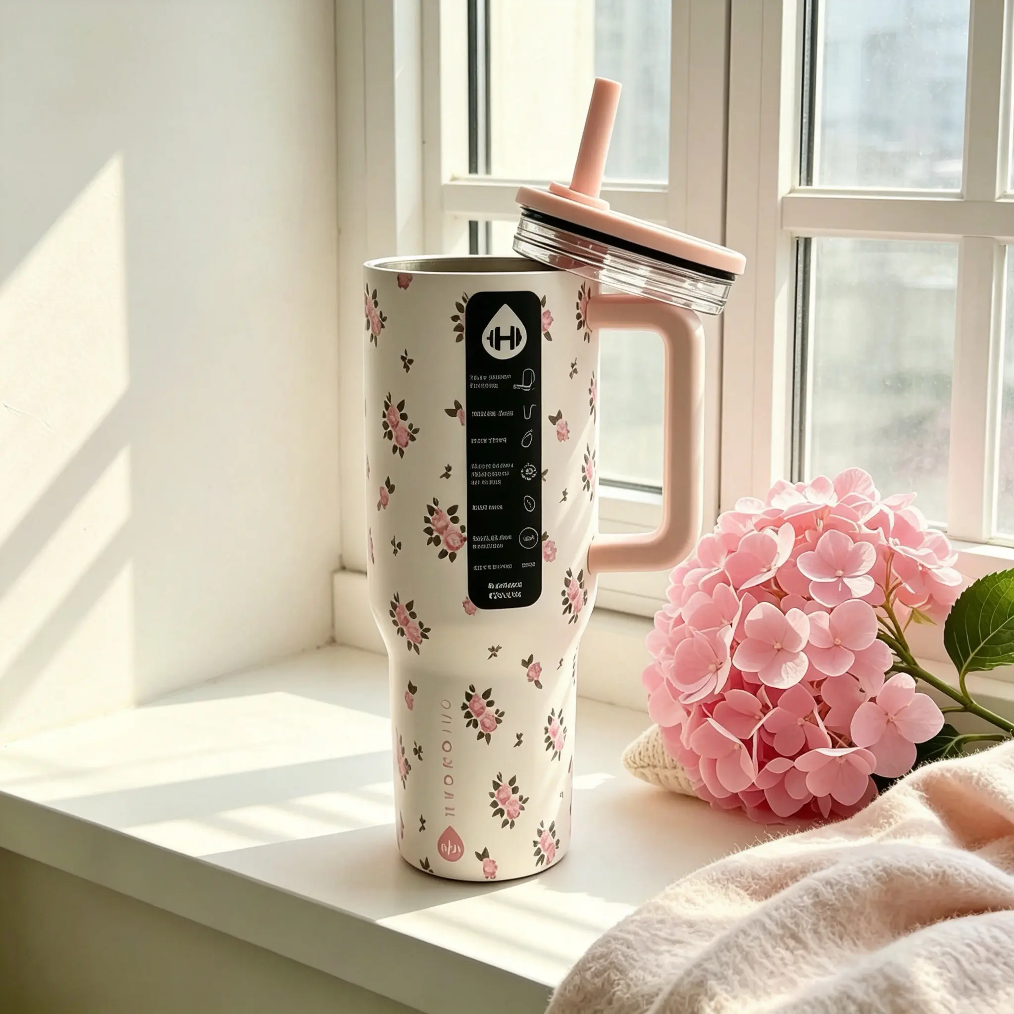 HydroJug 40oz Pink Rose Floral Pattern Stainless Steel Tumbler with Handle, Double Wall Vacuum Insulated Travel Mug, Leak-Proof Spill-Proof Lid, Cup Holder Friendly Water Bottle for Women Girls Vanity Office Gym Hydration