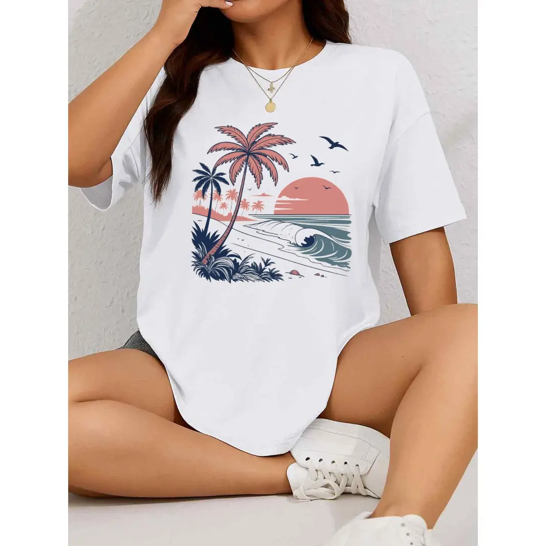 Women's Cotton Short Sleeve Fitted Graphic Tee - Vintage Sunset Beach Palm Tree Ocean Wave Print, Streetwear Round Neck Lady Top, Soft Breathable Summer Vacation Casual Wardrobe Staples, Breathable For Hot Days