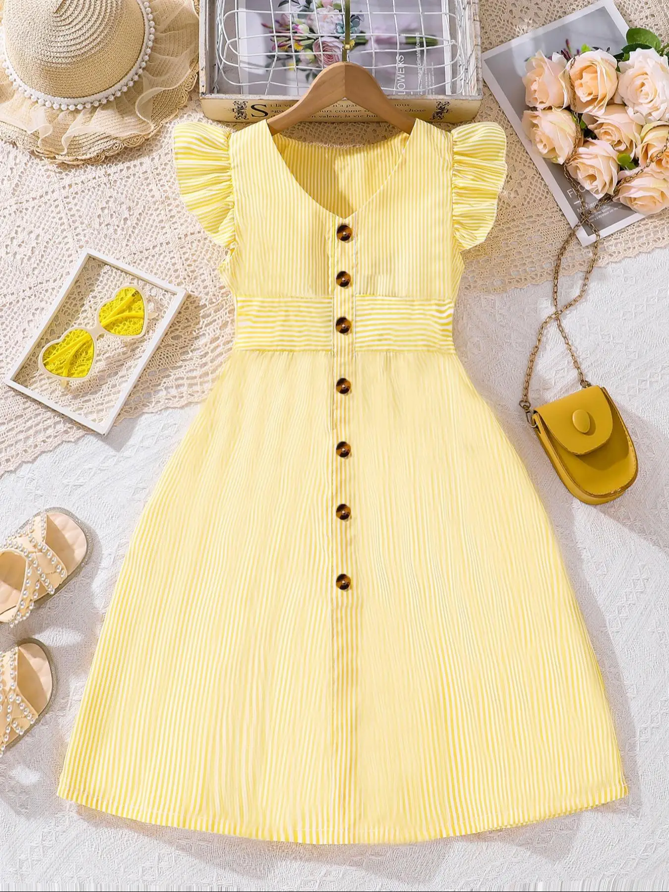 Teen Girl's Striped Print Button Decor Dress, Casual Butterfly Sleeve Round Neck A Line Dress, Kids Summer Clothes for Daily Wear