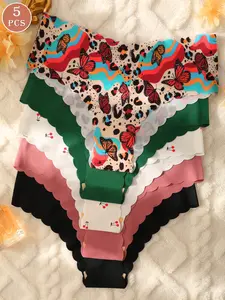 Women's Seamless Wave Edge Triangle Panties Set, Cherry Butterfly Plain Low Waist Comfort Underwear, Slim Fit All Seasons Briefs, Womenswear