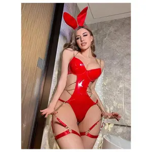 Christmas 4 Piece Lingerie Set PU Leather Backless Chain Lingerie Bunny Bodysuit with Garter and Headband Cosplay CostumeGift
