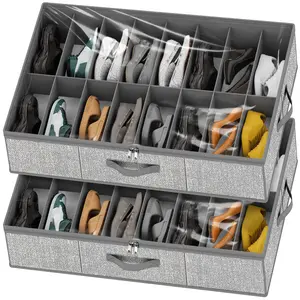 32 Pairs Shoe Organizer Under Bed, Underbed Shoe Storage Boxes Bins, Organizador De Zapatos, Extra Large Zapateras Organizer, Grey, Set of 2
