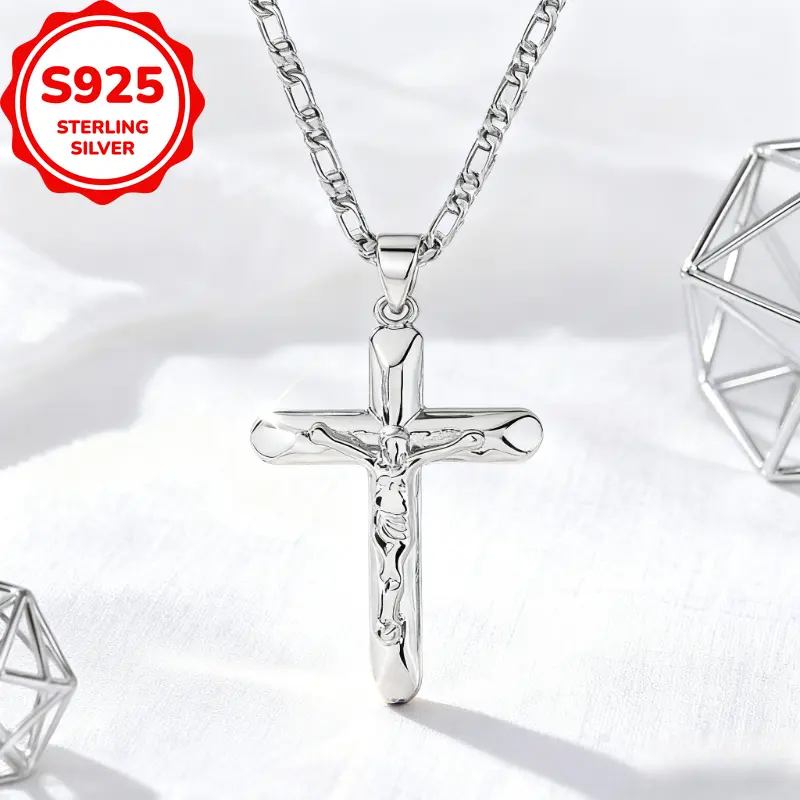 925 Silver Jesus Cross Buckle Chain Necklace - Unisex Hip Hop Look Heavy Pendant, Simple Sacred Guardian Jewelry, Birthday Gift Ideas for Girlfriend, Girlfriend Birthday Gift, Thick Chain