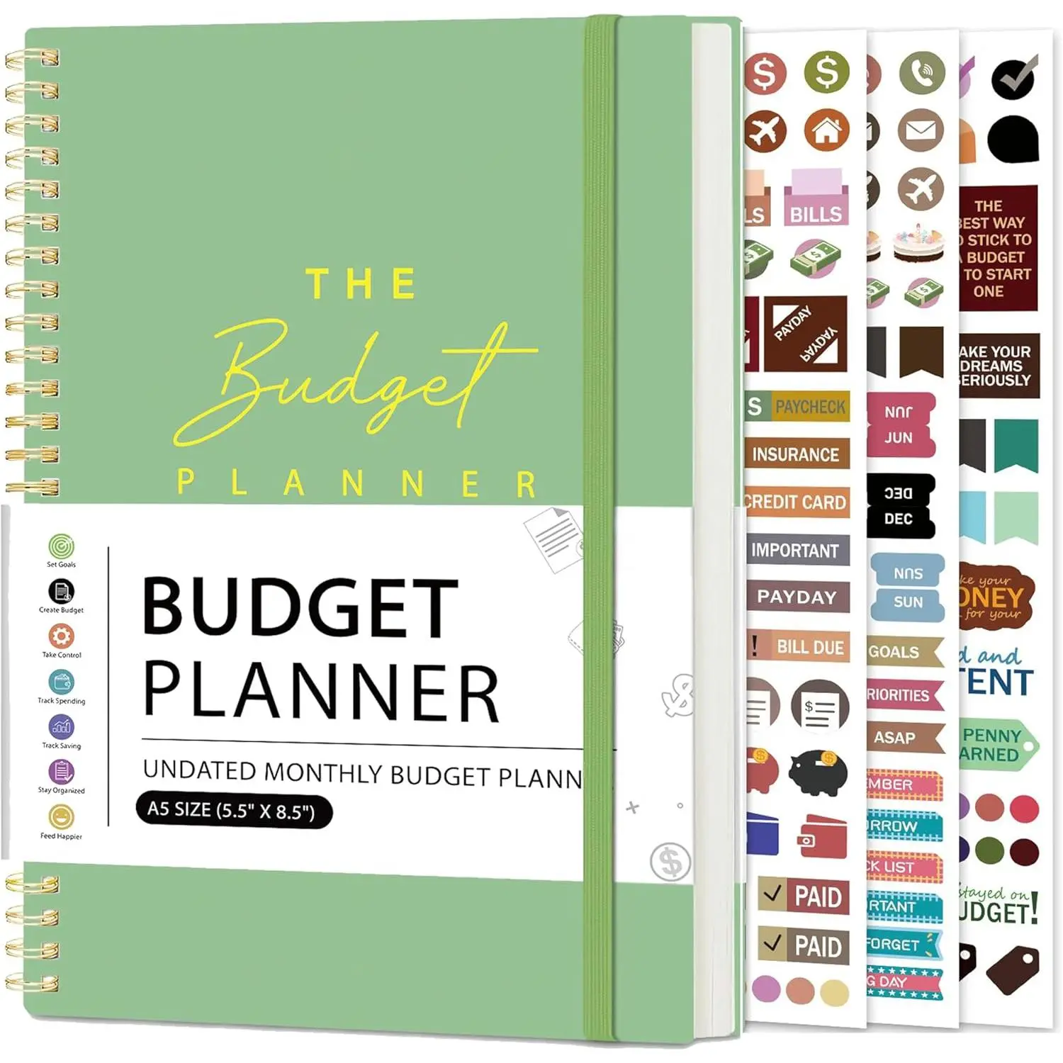Undated 12-Month Budget Planner - Office Organizer with Elastic Bands, Sticker Sheets, Layflat Binding, Expense Tracker, Bill Tracker, Double-Side Pocket, Inspirational Quotes for Mastery & Goal-Setting (Office Stationery), Financial Mastery, Elastic Band