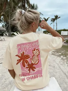 Women's Round Neck Letter and Coconut Tree Pineapple Pattern T-Shirt, Vintage Fashion Casual Everyday Off-Shoulder Short Sleeve Top