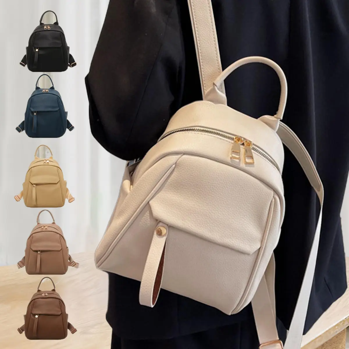 Women's Small PU Leather Convertible Backpack, Minimalist Casual Shoulder Bag with Multiple Zip Pockets and Adjustable Shoulder Strap, Multi-Pocket, Scratchproof