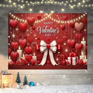 Valentine's Day Polyester Banner, Happy Valentine's Day Text, Bow & Hearts, Indoor/outdoor Party Decor, Wedding Backdrop