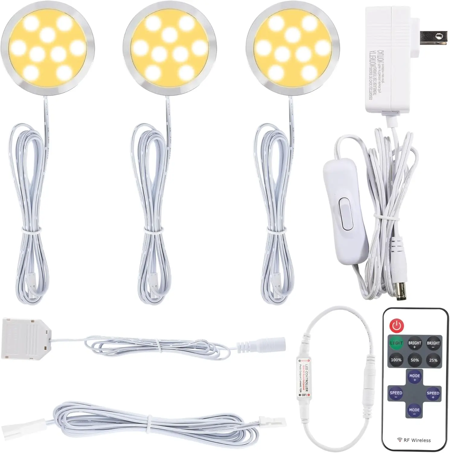 Under or Over Counter LED Lighting Kit, 120 Volt Electric Wired Kitchen Cabinet Round Puck Lights, Wireless Remote Control Dimmable, 3 Ways Octopus Wired, 3 Lights, Warm White