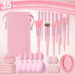 35pcs Face Makeup Tool Set, 13pcs Makeup Brushes with Storage Pouch & 5pcs Large Makeup Sponges & 5pcs Fan-Shaped Powder Puffs & 5pcs Mini Makeup Sponges & 5pcs Thumb Powder Puffs & Brush Cleaning Bowl
