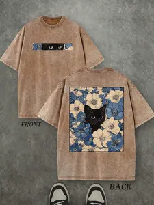 "Cat in the Flowers" Double-Sided Print T-Shirt | Retro Washed 230gsm Cotton, Men's Casual Comfortable Street Style Tee, Vintage Floral Feline Graphic Top Oversized Streetwear Menswear Soft Tshirt