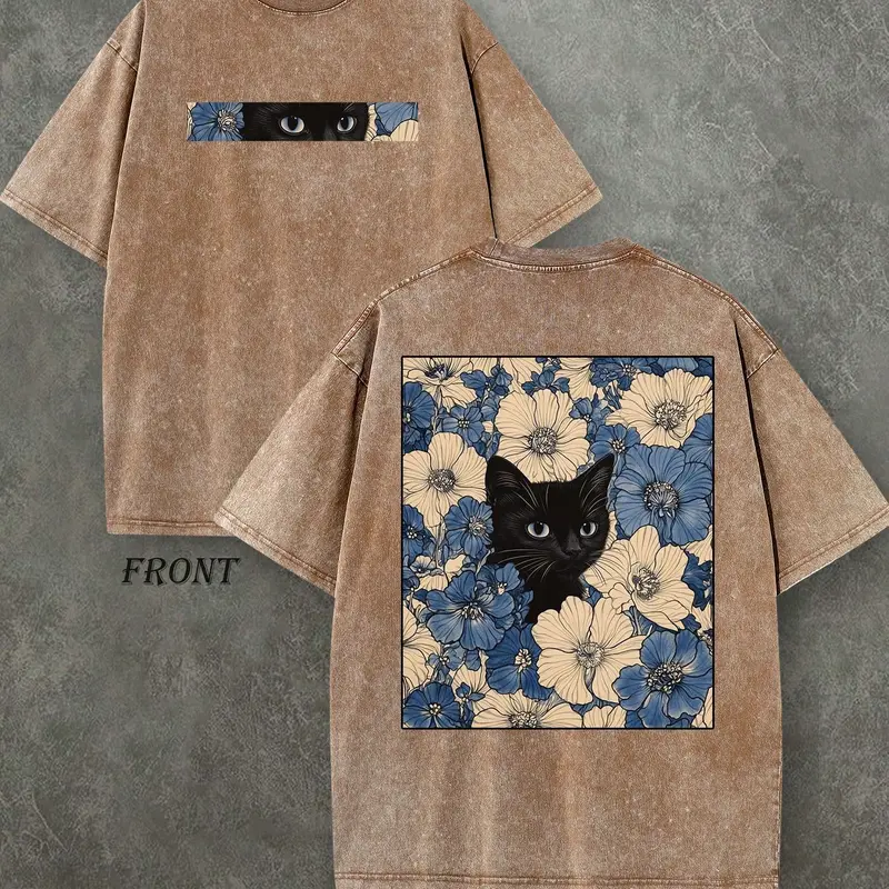 "Cat in the Flowers" Double-Sided Print T-Shirt | Retro Washed 230gsm Cotton, Men's Casual Comfortable Street Style Tee, Vintage Floral Feline Graphic Top Oversized Streetwear Menswear Soft Tshirt