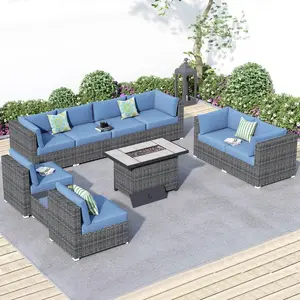 Ovios Patio Furniture Set 10-Piece Outdoor Wicker Rattan Sofa Set with 42.12'' Fire Pit Table, All-Weather Sectional Conversation Set with Cushions for Backyard Balcony Garden Deck Patio Porch