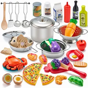 Pretend Play Kitchen Accessories, 52pack Kids Kitchen Playset with Play Food, Stainless Steel Cookware, Kitchen Toys Pots and Pans, Kids Kitchen Set, Boys Girls Gift