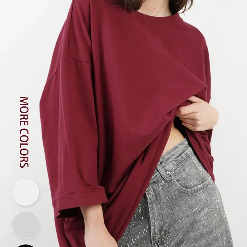 Women's Basic Solid Color Tee, Casual Long Sleeve Baggy Loose T-shirt for Spring & Fall, Women's Top for Daily Wear, Womenswear