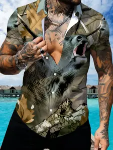 Men's Camouflage Bear Print Short Sleeve Shirt, Casual Slim-Fitting Open Front Top, All-Over Pattern, Ideal for Daily Wear
