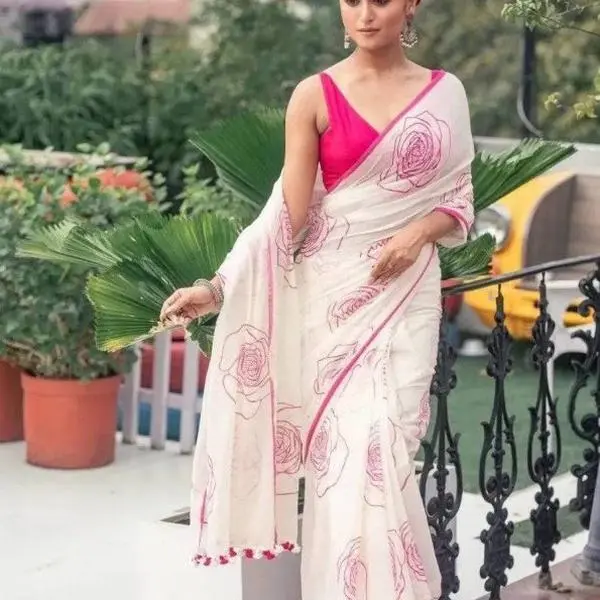 lightweight cotton saree with a large rose/floral print