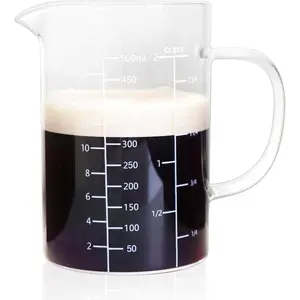 Glass Measuring Cup with Handle, 500 ML High Borosilicate Glass Three Scales (OZ, Cup, ML/CC) easuring Beaker for Kitchen or Restaurant, V-Shaped Spout Glass Measuring Beaker, Easy To Read