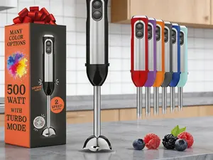 500W handheld immersion blender with turbo mode and detachable base. Equipped with 304 stainless steel blades, ideal for soups, smoothies, purees and baby food.
