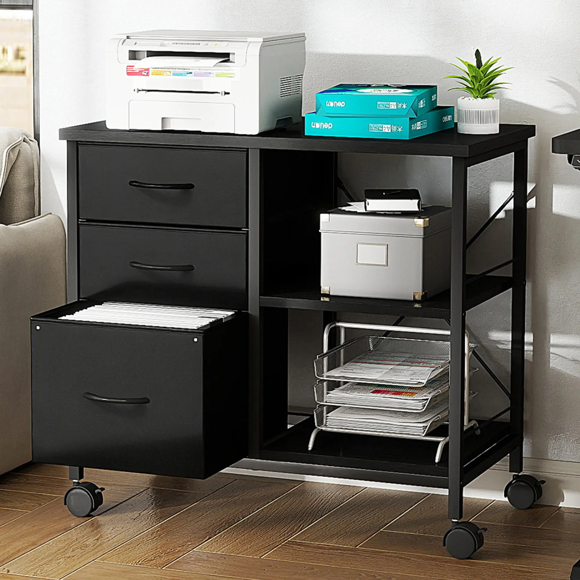 Modern 3-Drawer Mobile Steel Frame Storage Cart - Rolling Casters, Open Shelf, Printer Stand, Reinforced Bar, Tool-Free Assembly, 110lb Capacity for Home Office