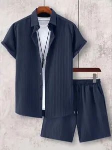 Men's Textured Set 2-Piece Short Sleeve Shirt and Pants, Fashion Summer Beachwear Outdoor, Comfortable Lightweight Fabric for Casual Wear