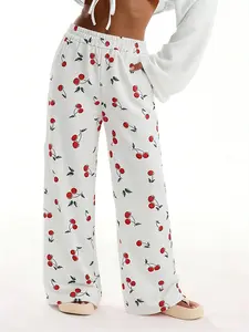 Women's cherry print wide-leg Loose pants, stretchy high-waisted Adjustable casual trousers, cute fruit pattern, suitable for lounging at home & summer wear, Fit