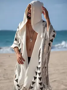 Men's Hooded Beach Kaftan – Bohemian Tribal Print, Lightweight Summer Cover-Up for Vacation & Festival, Beach Outdoor Wear