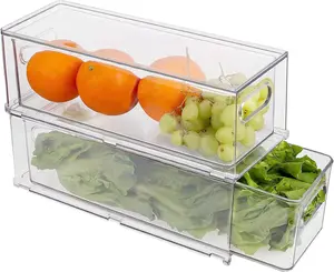 2 Pack Stackable Refrigerator Organizer Bins with Pull-out Drawer, Drawable Clear Fridge Drawer Organizer with Handle, Plastic Kitchen Pantry Storage Containers