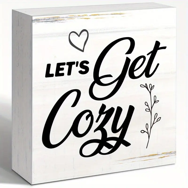 Let's Get Cozy Sign, Home Living Dining Room Wood Box Sign Decor, Retro Front Door Entryway Shelves Decor, Housewarming New House Gift 5x5 INCH