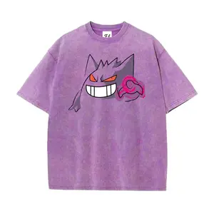 Pocket Monsters Gengar Washed T-Shirt, Vintage Shadow Claw Skill Graphic Oversized Loose Fit Anime Cartoon Harajuku Casual Streetwear Unisex Edgy Hip Hop Aesthetic Trendy Tee