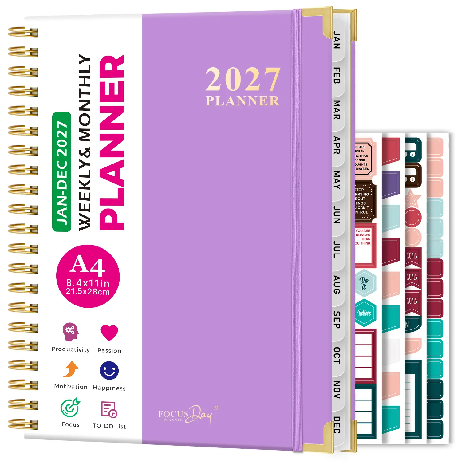 2027 Planner Weekly and Monthly, Jan 2027 - Dec 2027, A4 Large Spiral Calendar Planner Notebook with 12 Monthly Tabs, 4 stickers, Inner Pocket, 8.5" X 11", for Goal Setting, Organize Tasks