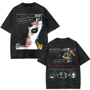 Manhunt PS2 horror Game Washed Tshirt Oversize 2 Sided Cotton unisex graphic game movie Tops graphic tee game acid wash