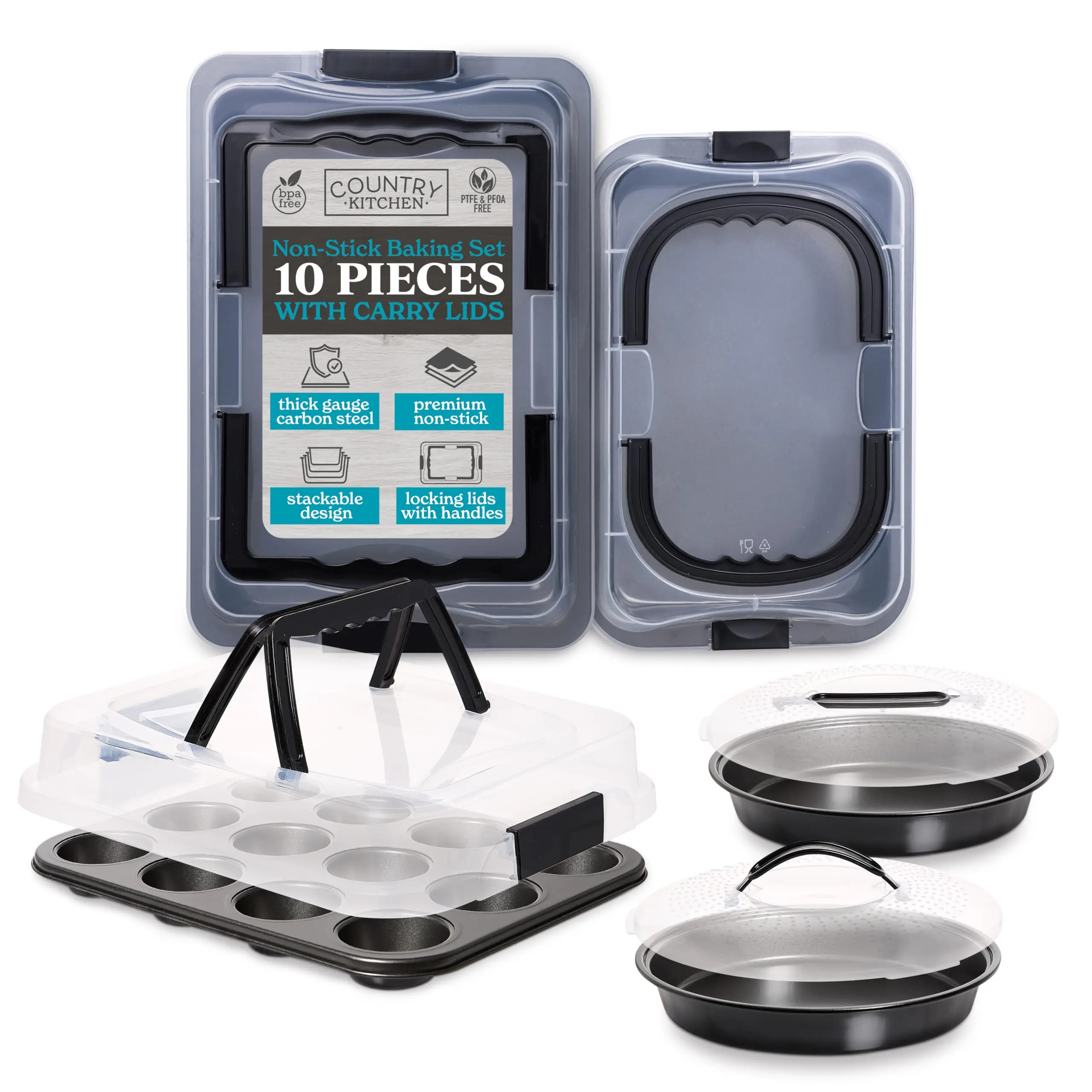 Country Kitchen Baking Pans Set - 10 Piece Non-Stick Cake Pans with Carry Lids for Easy Storage & Travel, Perfect for Parties - Stackable