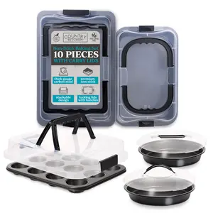 Country Kitchen Baking Pans Set - 10 Piece Non-Stick Cake Pans with Carry Lids for Easy Storage & Travel, Perfect for Parties - Stackable