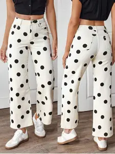 Women's Color-Block Polka Dot Print Straight Leg Jeans