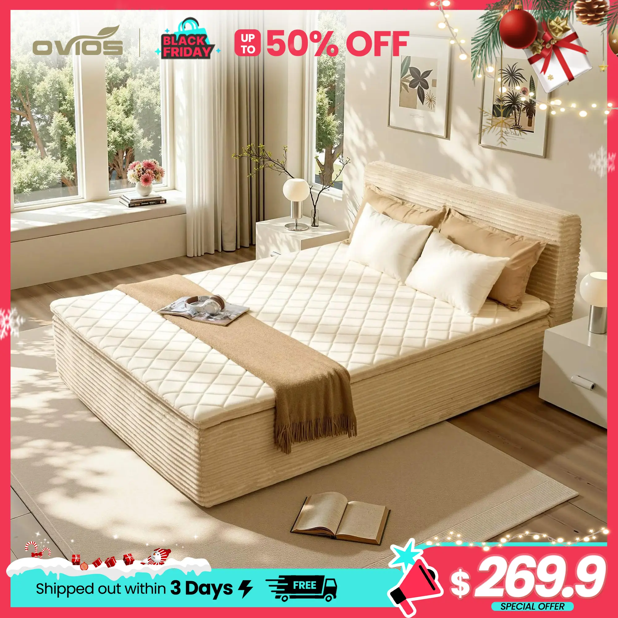 【Deals For You】OVIOS 3-in-1 Sofa Bed Hybrid Mattress with Removable Headboard, Mattress & Frame in One, No Assembly Required, Memory Foam & Pocket Springs, Motion Isolation, Queen, Full & Twin XL