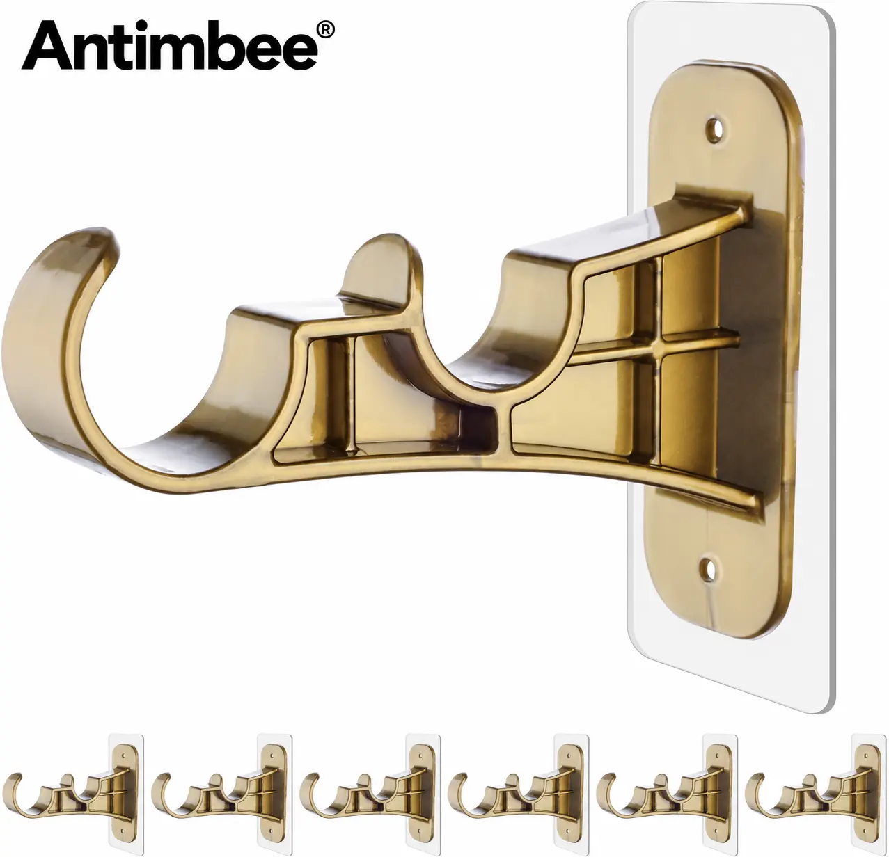 Antimbee 6-Pack No-Drill Double Curtain Rod Brackets, Self-Adhesive Nail-Free Holders, Easy Install Accessory, 13lb Load, 24h Set Time, Home Decoration Essential for Renter Bathrooms