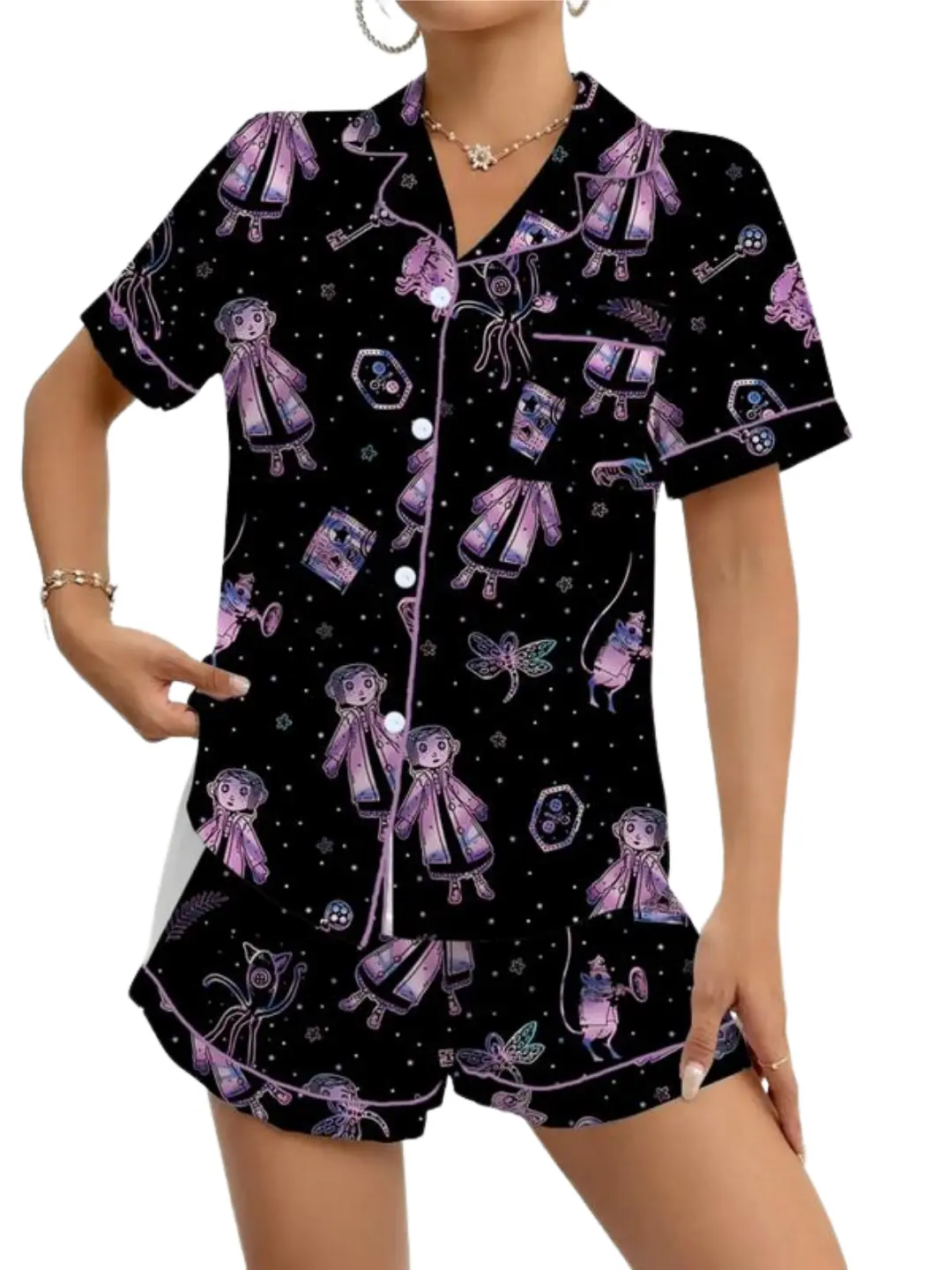 Ladies Coraline Print Short Sleeve Pajama Set, Comfortable Soft Sleepwear and Loungewear, Cute Fit Pjs for Summer