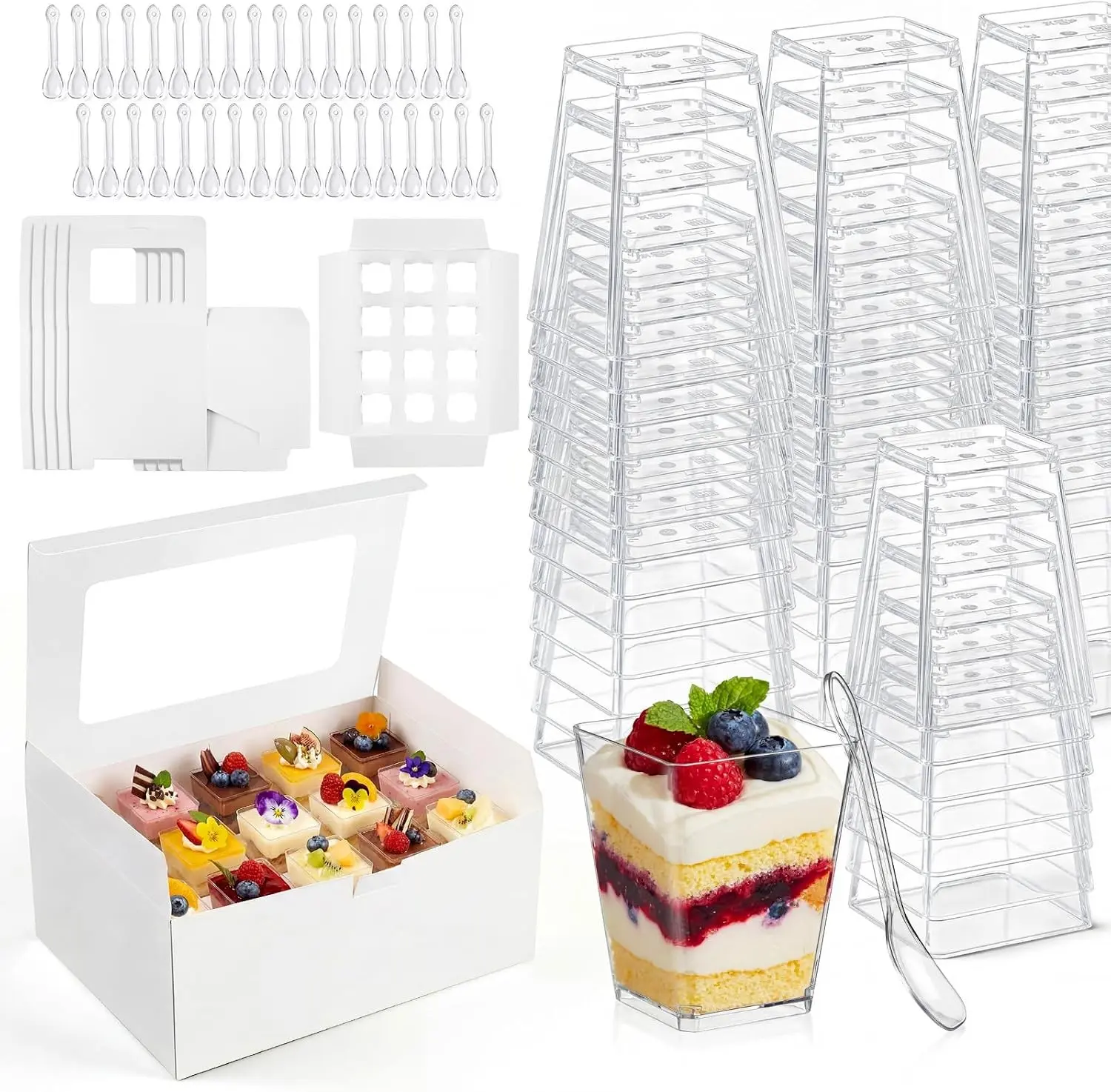 125 Pcs 5oz 12 Count Dessert Shooter Boxes and Shooters Cups Set, 60 Sets Plastic Yogurt Parfaits Cups with Spoons, 5 Dessert Holder Box, Cupcake Carrier, Birthday Holiday Party Supply