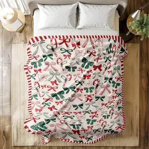 Christmas - Themed Printed Blanket with Vibrant Bows & Candy Canes Prints - Super Soft & Skin - friendly, Long - Lasting & Quick - Drying, Machine Washable, Multi - Size for Bed, Sofa, Travel, Camping & Office Naps, Ideal Xmas Gift for Family & Friends