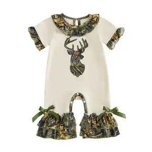 Baby Girl Camo Romper with Deer Head Applique, Ruffles & Flared Bell Bottoms, Country Summer Animals-Themed Bodysuit for Toddlers