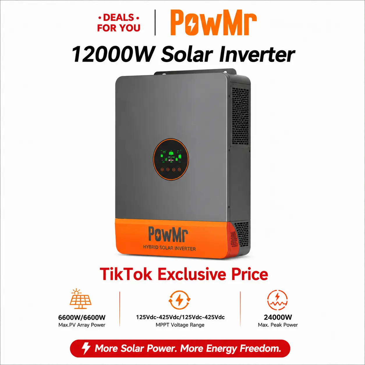 Inversor Solar Híbrido PowMr 12000W 48V, Conversor 120V/240V Fase Dividida, MPPT 200A Integrado, admite hasta 6 unidades en paralelo, funciona sin batería y control horario inteligente, ideal para respaldo energético y sistemas fuera de red. Inversor