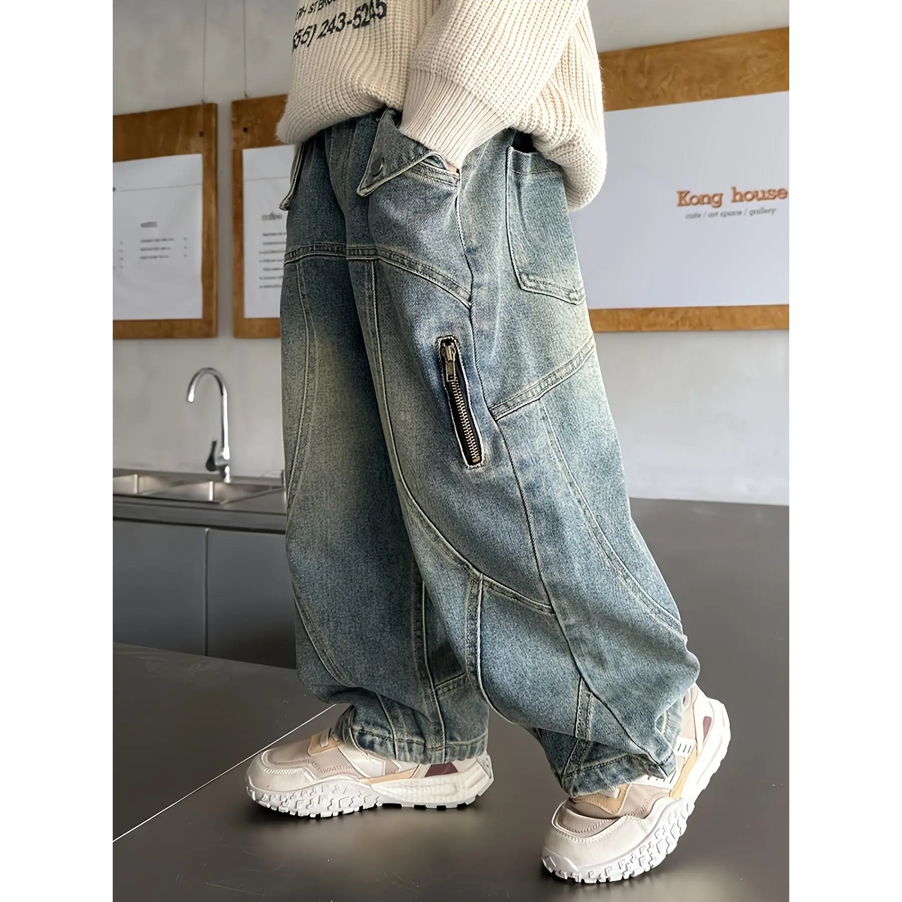 Boys' American Style Baggy Jeans, Comfortable Straight Leg Denim with an Elastic Waist & Zip Fly for Back-to-School & Skateboarding, Ages 4-14 Years, Roller Skating, 4 To 14 Years, 11-12Y, 13Y, Full Length, 5-6Y
