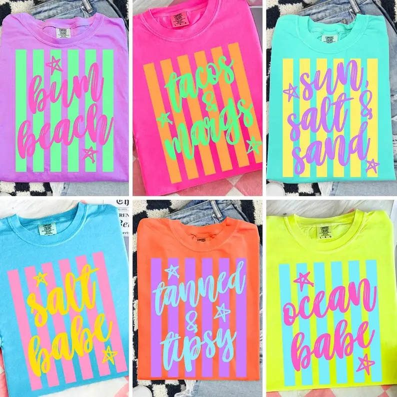 Comfort Colors Neon Summer Beach Graphic Shirt, Retro Sun Salt Sand Ocean Babe Tee, Aesthetic Tacos & Margs Vacation Top, Salty Babe Tan & Tipsy Apparel