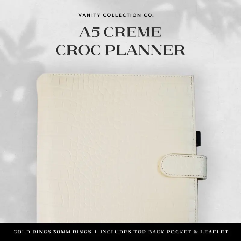 Vanity Collection Co. A5 Creme Croc Planner with Gold Rings Off-White Ivory Agenda 30MM Rings Top Back Pocket Leaflet