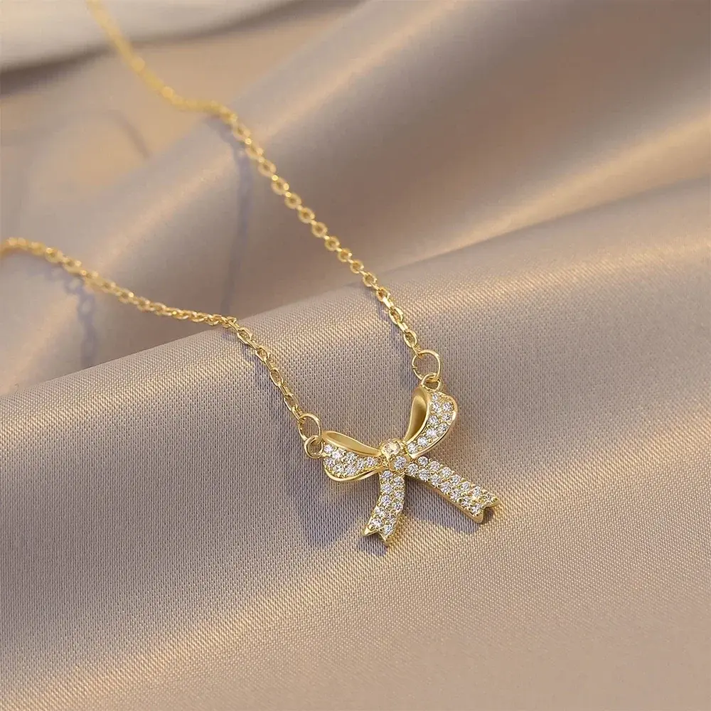LUX-JEWEL - Exquisite Copper Inlaid Zirconia Bow Pendant Necklace for Women Girls Sweet Clavicle Chain Bridal Wedding Jewelry Accessories